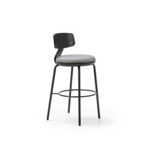 VINICIO Black Ash Barstool with a sturdy metal frame, thick padded grey upholstered seat, and elegant black ash back support, designed for sophisticated settings and luxury interiors
