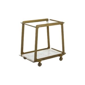 Grégoire White Marble Bar Cart with golden metal frame, natural marble shelf, and tempered glass top, ideal for home or office décor, featuring smooth castors for easy mobility.