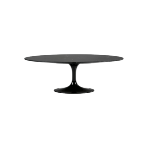 ETRO Black Marble Coffee Table with an oval black marble top, natural veining, and a black tulip base. Measures 120x60x42 cm.