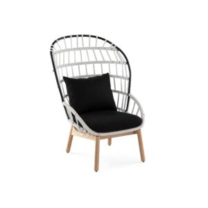 JUAN Rope and Wood Chair with woven white rope, black metal frame, black cushions, and natural wood base, measuring 113x85x82 cm.