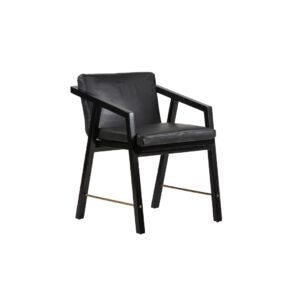 OLSEN Teak and Leather Armchair with a black teakwood frame, gold metal support bars, and premium black leather upholstery, measuring 51x54x70 cm.