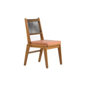 RIEL Peach Leather Teak Chair with a teak wood frame, peach leather seat cushion, and fabric detailed backrest, measuring 52 cm width x 59 cm depth x 95 cm height. Shop now at Louis & Henry