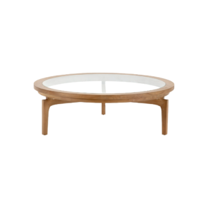 ÉTIENNE Natural Cedar Wood Coffee Table, round cedar wood table with glass inlay top and three-legged design, Product Code: TN5064814.