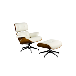 SILVANO Leather and Ashwood Lounge Chair with a beautifully grained ashwood back, natural white leather upholstery, and metal claw-style rotating bases, complete with a matching footrest.