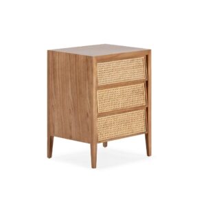 MARTINO Cedar Wood Bedside Table with a smooth cedar wood finish, natural graining detail, and three drawers with rattan front mesh, perfect for enhancing bedroom storage and style.