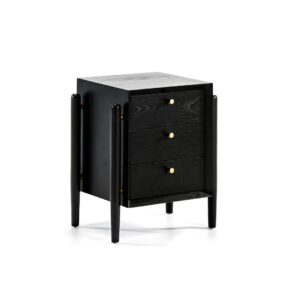 ITALO Black Solid Wood Bedside Table with a striking black finish, gold handles, and contemporary chunky legs that taper towards the bottom, ideal for enhancing bedroom style and functionality. Shop now at Louis & Henry