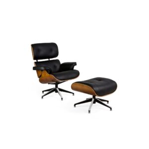 SILVANO Leather and Ashwood Lounge Chair with a beautifully grained ashwood back, sleek black leather upholstery, and metal claw-style rotating bases, complete with a matching footrest. Shop Now at Louis & hENRY
