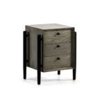 ITALO Grey Solid Wood Bedside Table with a sophisticated grey finish, black handles, and contemporary chunky legs that taper towards the bottom, ideal for enhancing bedroom style and functionality.