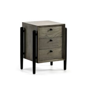 ITALO Grey Solid Wood Bedside Table with a sophisticated grey finish, black handles, and contemporary chunky legs that taper towards the bottom, ideal for enhancing bedroom style and functionality.