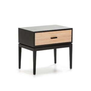 CARLO Cedar Wood Bedside Table with a solid cedar wood construction finished in black, a natural cedar wood drawer with a grey patina, perfect for enhancing bedroom style and functionality.