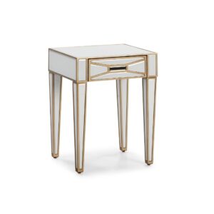 PIERO Mirror Bedside Table with wooden construction, geometrical mirror patterning, and elegant golden edging, perfect for enhancing bedroom style and functionality.