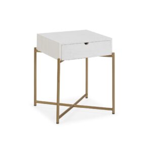 FAUSTO White Cedar and Gold Bedside Table with a contemporary gold cross frame and a single drawer top crafted from solid white cedar, perfect for enhancing bedroom style and functionality.