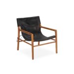 RADCLIFFE Teak Wood and Leather Armchair with a natural solid teak wood frame and black leather sling seating, perfect for enhancing the style and comfort of living rooms, bedrooms, or study areas.