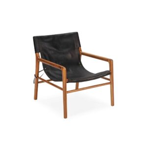 NOEMI Teak Wood and Leather Armchair with a natural solid teak wood frame and black leather sling seating, perfect for enhancing the style and comfort of living rooms, bedrooms, or study areas.