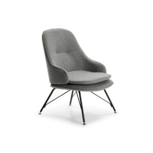 ANDREAS Black and Grey Chair with a sleek black metal frame, button accents, and high-quality grey fabric upholstery, perfect for enhancing the style and comfort of living rooms, bedrooms, or office spaces.