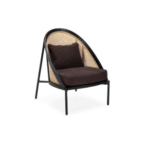 GENEVIÉVE Natural Rattan Armchair with an enveloping rattan back and sides framed in black beechwood, metal base with a powder-base black finish, and comfortable fabric upholstery, perfect for enhancing the style and comfort of living rooms, bedrooms, or study areas.