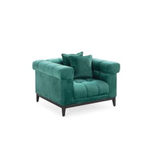 JULIETTE Green Velvet Armchair with luxurious green velvet upholstery, button tufting, channelling, thick comfortable padding, and two scatter cushions, perfect for enhancing the style and comfort of living rooms, bedrooms, or reading nooks. Shop Now at Louis & Henry