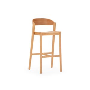 ERASTO Oak Wood Barstool with a curved backrest that folds elegantly around its back legs, inspired by Scandinavian design, providing extensive comfort for dining, drinking, or working at a counter desk.