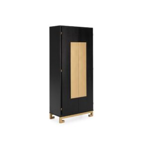 JANUS Black And Gold Wardrobe with three shelves, two drawers, and stylish gold metal accents, offering a luxurious and sophisticated storage solution.