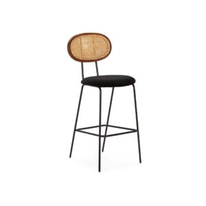 VICO Rattan Velvet Barstool with a high oval-shaped rattan backrest, velvet-finished oval seat, and sleek black metal frame, offering a striking contemporary look for any kitchen bar area. Shop at Louis & Henry