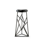 LUCIUS Black Geometrical Barstool with a black metal frame featuring a striking geometric pattern and a circular padded seat upholstered in high-quality leather-look material, ideal for adding a bold contemporary touch to kitchens, bar areas, or living rooms.