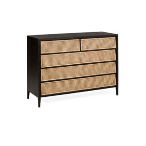 CALAFORNIA Rattan Cedar Wood Chest Of Drawers crafted from solid black cedar wood with natural rattan drawer fronts, featuring five spacious drawers for elegant and rustic storage solutions.