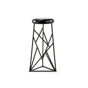 LUCIUS Black Geometrical Barstool with a black metal frame featuring a striking geometric pattern and a circular padded seat upholstered in high-quality leather-look material, ideal for adding a bold contemporary touch to kitchens, bar areas, or living rooms.