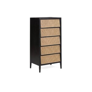 The CALIFORNIA Cedar Wood Tall Boy combines rustic charm with sophisticated design. This tall boy chest of drawers features solid black cedar wood construction with natural rattan fronts on five spacious drawers, perfect for enhancing any room.