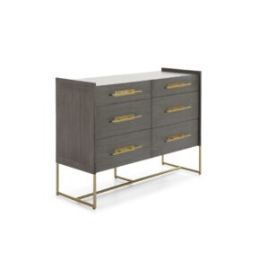 MAXIMA Solid Wood Chest Of Drawers in sophisticated grey finish with gold metal base and handles, offering luxurious design and ample storage for any interior space.