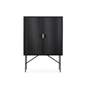 AMARO ElmWood And Metal Cabinet with vertical wood detailing, gold handles, and a sleek black frame, offering a contemporary and elegant storage solution.