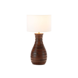 ICARUS Mango Wood Table Lamp, crafted from solid mango wood with a beautiful walnut finish and a unique channel design that sweeps to the top, adding elegance to any interior.