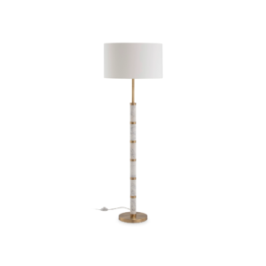 ELIA White Marble and Gold Floor Lamp with stacked marble pieces and gold spacers, featuring a gold base and top, ideal for adding luxury to any room.