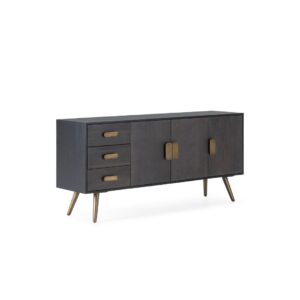 VALENTINO Black Oak Wood Sideboard with solid black oak wood construction, featuring two cupboards with three doors, three drawers, and antique gold handles and legs.