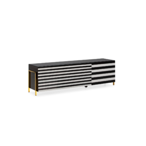 FIEN Black and White Glass Media Sideboard with striped glass panels, two large front drawers, side cupboard, and arched golden legs, perfect for elegant and modern interiors.