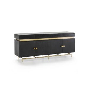 JESSEL Black and Gold Sideboard with a luxurious black finish, sleek gold metal base, square gold handles, and ample storage with four doors and four drawers.