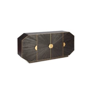 JUUSO Dark Brown Wood Sideboard with a unique geometrical design creating a sunburst effect, gold trimmings, and four doors for ample storage. Shop now at Louis & Henry