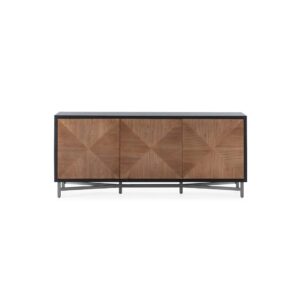 JESIAH ELM Wood Sideboard with a sleek black elmwood frame, silver base, and geometrical wooden design doors, perfect for Scandinavian style interiors.