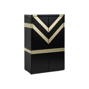 JÓZSEF Black and Gold Bar Cabinet with black and gold mirror glass, sophisticated stripe pattern, and top wine glass holders, ideal for modern interiors or home bars.