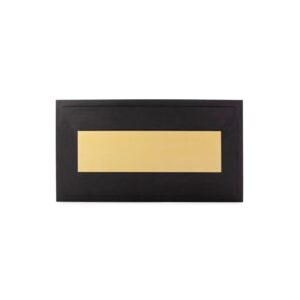 JANUS Black and Gold Headboard with black ash finish, raised section framing gold metal rectangular plate, ideal for adding elegance to bedroom decor.