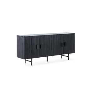 YONI Stealth Black Wood Sideboard with a complete black finish, slatted wood effect, sleek black metal handles, and ample storage space
