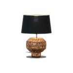 NISSI Carved Wooden Table Lamp with a brown wooden body and geometric carving, topped with a black lampshade, ideal for adding warmth and style to interiors.