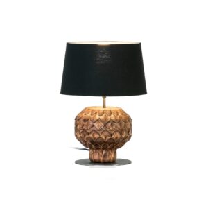 NISSI Carved Wooden Table Lamp with a brown wooden body and geometric carving, topped with a black lampshade, ideal for adding warmth and style to interiors.