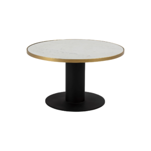 White marble coffee table with circular top, gold edge, and black base tube, elegant and contemporary furniture piece.