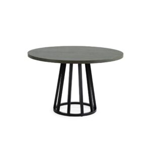 CATO Grey Cedar Wood Dining Table with a sleek grey cedar wood tabletop and a geometric black metal circular base. Product Code: TN5064783. Shop at Louis & Henry