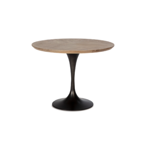 MIGUEL Elm Wood Dining Table with a sustainable elm wood top and black metal pedestal base, 100 cm diameter x 75 cm height. Shop NOW at Louis & Henry
