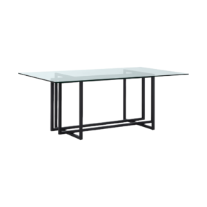 NOÉMIE Glass Dining Table with a clear glass top and black metal base, 190 cm width x 100 cm depth x 75 cm height.