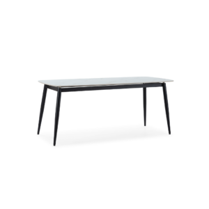 ELIE White Porcelain Dining Table with a white porcelain top and black metal frame, measuring 180 cm width x 90 cm depth x 76 cm height.