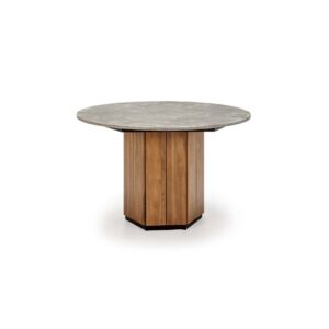 ÉMILE Teak and Natural Stone Dining Table with round stone top and octagonal teak base