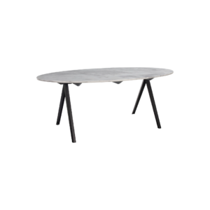 VALERIO White Marble Dining Table with a large oval marble top and upside-down V-shaped legs. Measures 200x100x75 cm.