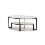 Oval glass coffee table with black metal frame and marble lower shelf Shop now at Louis & Henry